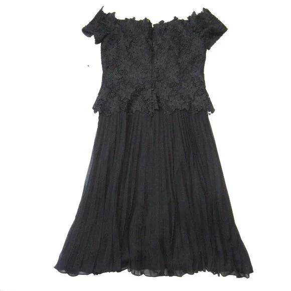 NWT Rickie Freeman for Teri Jon Off-Shoulder Midi in Black Lace Pleated Dress 12 - Picture 7 of 7